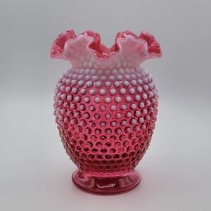 Vintage Fenton Cranberry Opalescent Hobnail 8" Double Crimped Vase